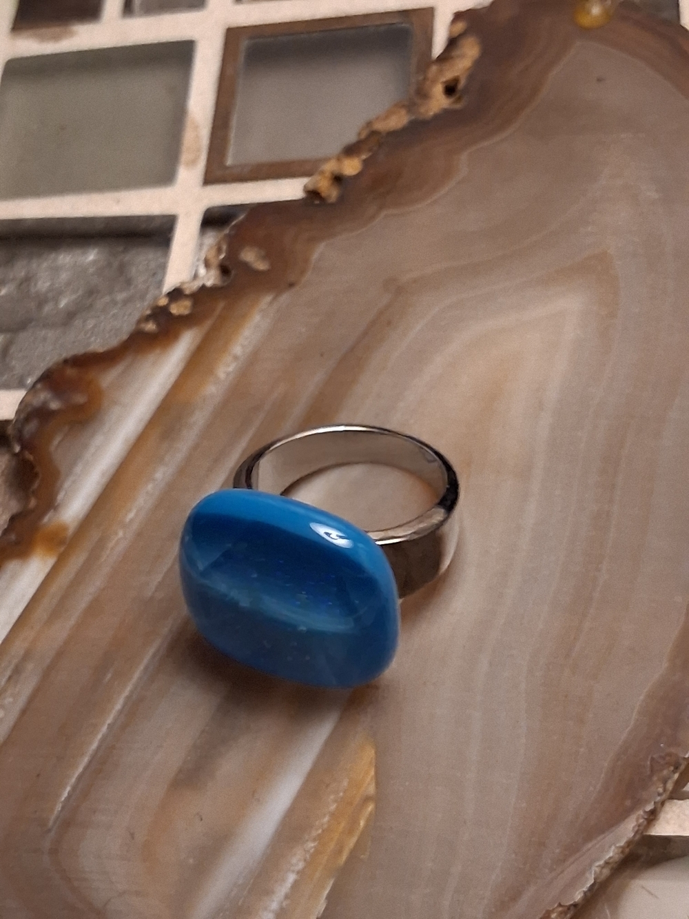 Iridescent Blue Glass Statement Ring - Picture 6 of 8
